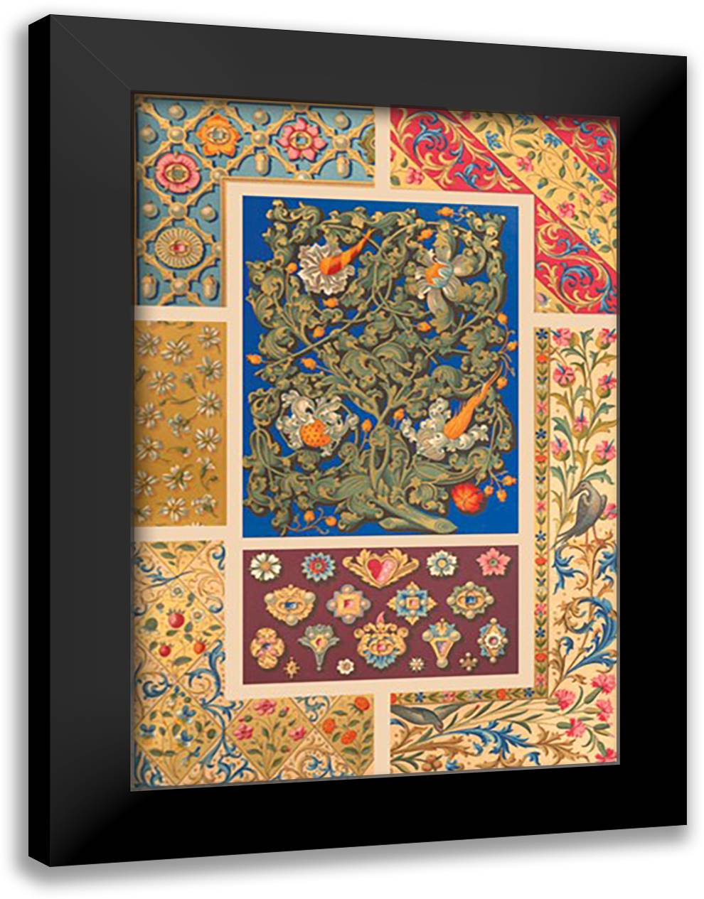 Medieval Design with Flowers 16x22 Black Modern Wood Framed Art Print Poster by Racinet, Auguste