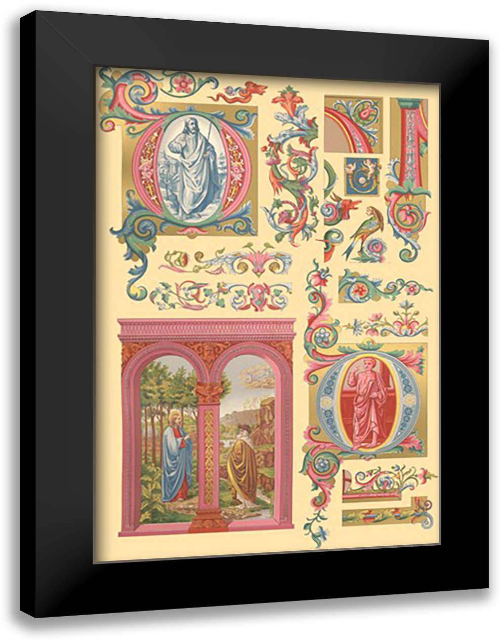 Renaissance Design with Figures 16x22 Black Modern Wood Framed Art Print Poster by Racinet, Auguste