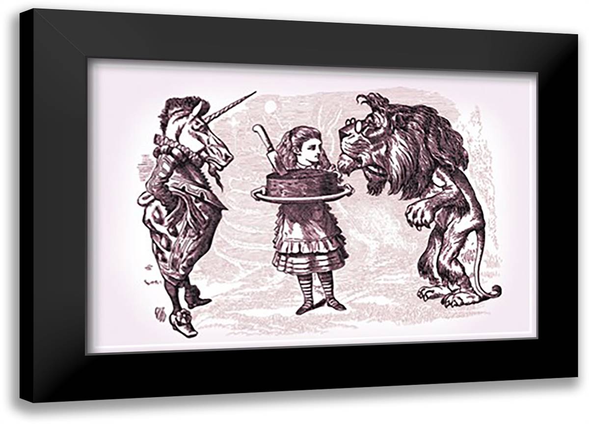 Through the Looking Glass: Alice, Lion, Unicorn and Cake 22x16 Black Modern Wood Framed Art Print Poster by Tenniel, John