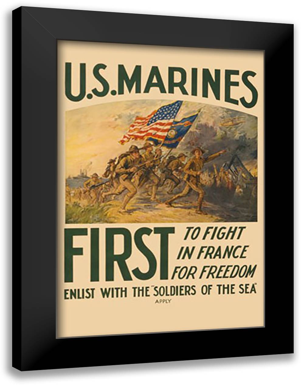 U.S. Marines - First to fight in France for Freedom 16x22 Black Modern Wood Framed Art Print Poster