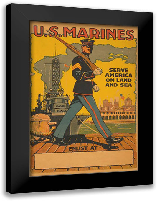 U.S. Marines - Serve America on Land and Sea 16x22 Black Modern Wood Framed Art Print Poster