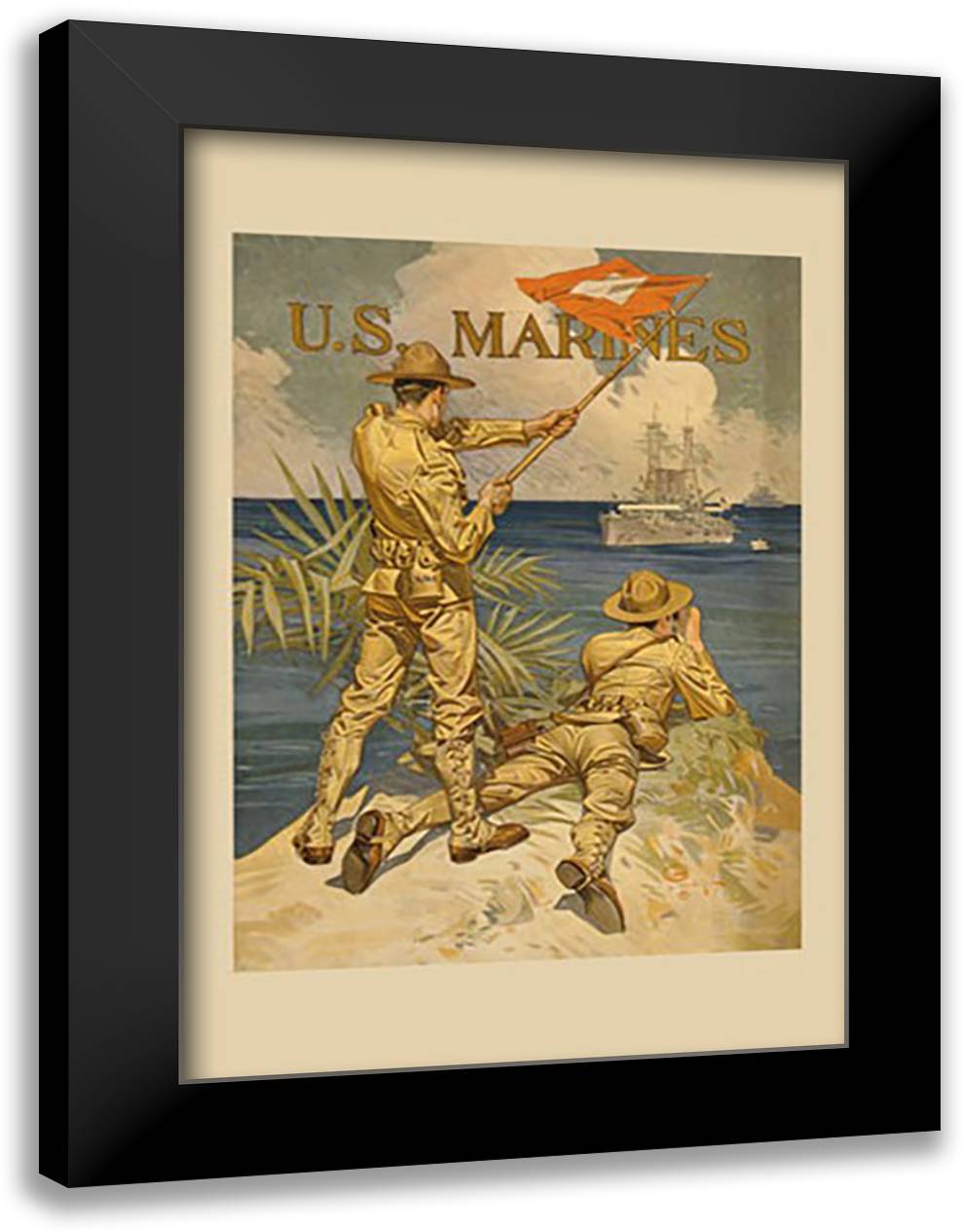 Marines Signaling from Shore to Ships at Sea 16x22 Black Modern Wood Framed Art Print Poster by Leyendecker