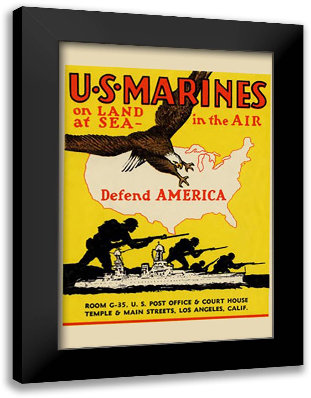 U.S. Marines Defend America 16x22 Black Modern Wood Framed Art Print Poster