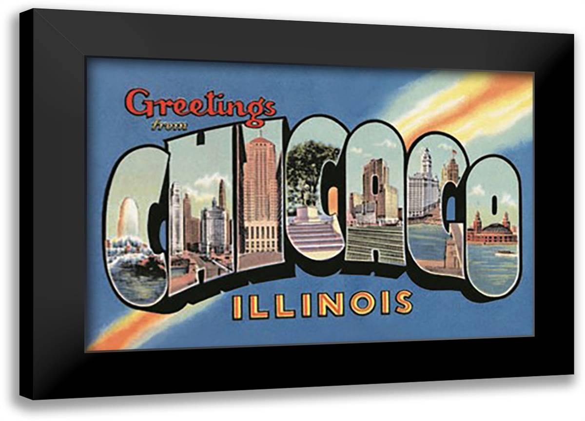 Greetings from Chicago Illinios 22x16 Black Modern Wood Framed Art Print Poster by Curt Teich Publishers