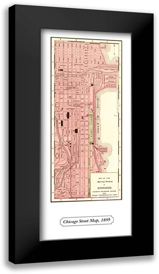 Chicago Street Map, c.1895 11x22 Black Modern Wood Framed Art Print Poster