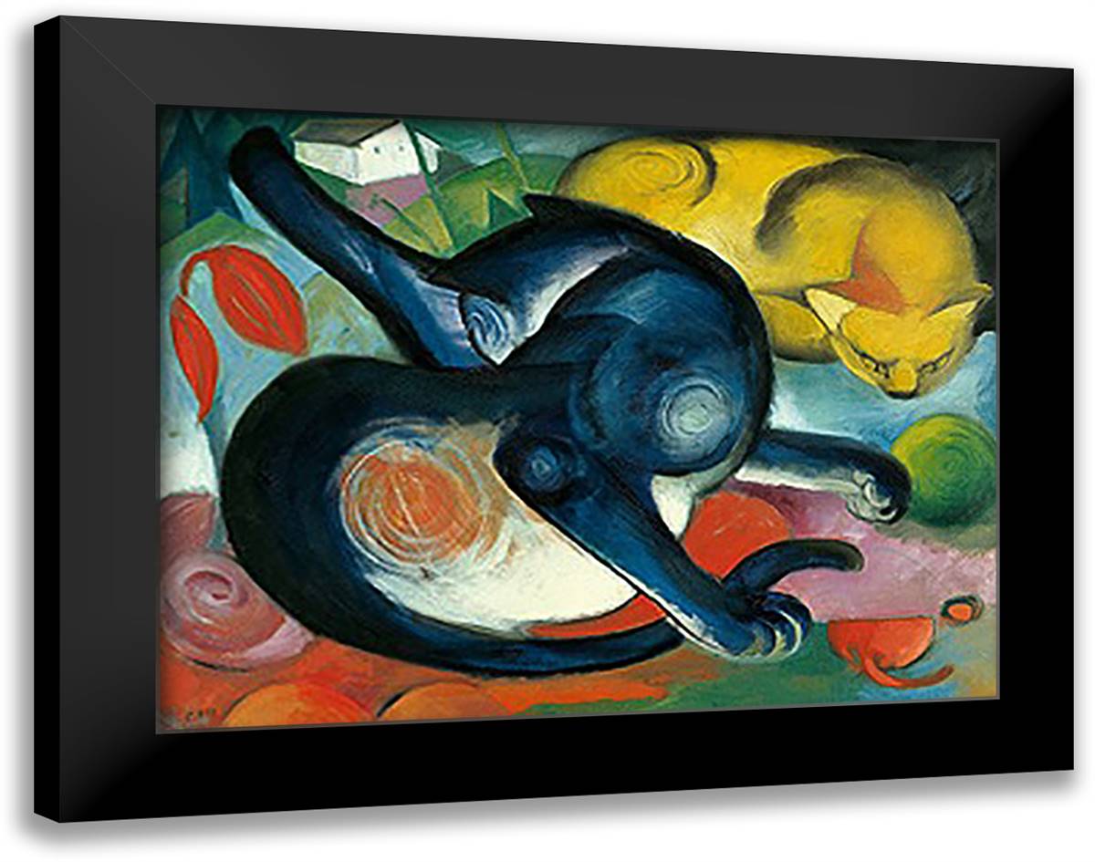 Zwei Katzen, Blau Und Gelb 36x28 Black Modern Wood Framed Art Print Poster by Marc, Franz