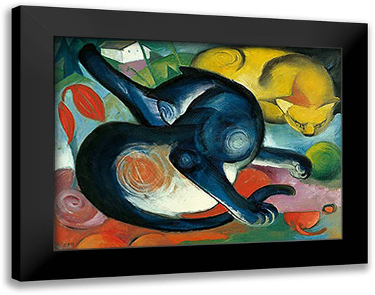 Zwei Katzen, Blau Und Gelb 36x28 Black Modern Wood Framed Art Print Poster by Marc, Franz