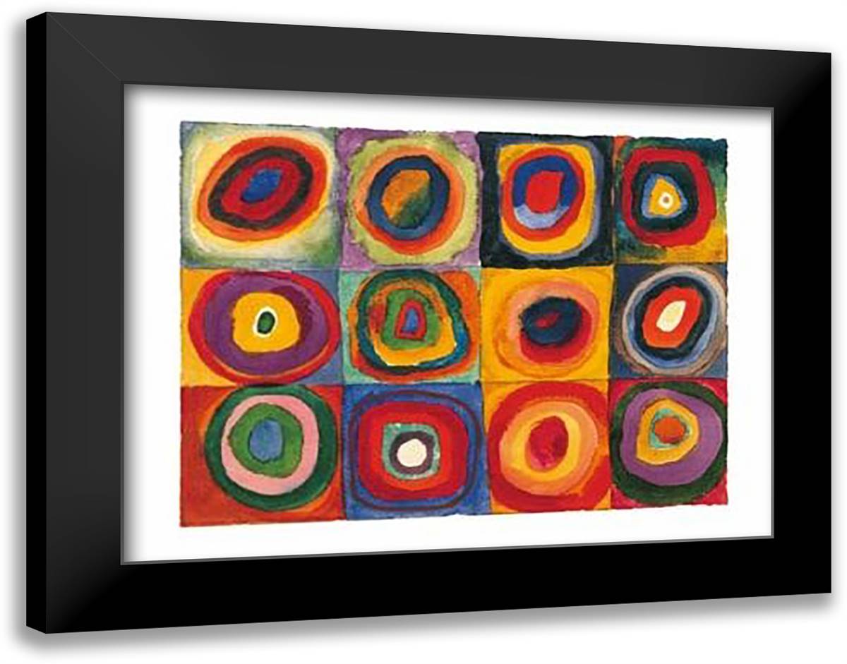 Squares With Concentric Circles 36x28 Black Modern Wood Framed Art Print Poster by Kandinsky, Wassily