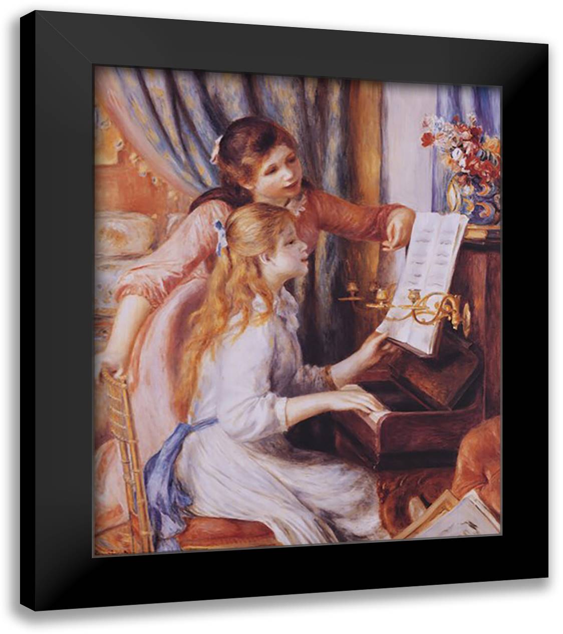 Girls At the Piano 20x24 Black Modern Wood Framed Art Print Poster by Renoir, Pierre-Auguste