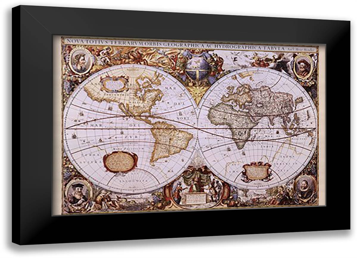 Map of the World (antique style) 40x28 Black Modern Wood Framed Art Print Poster