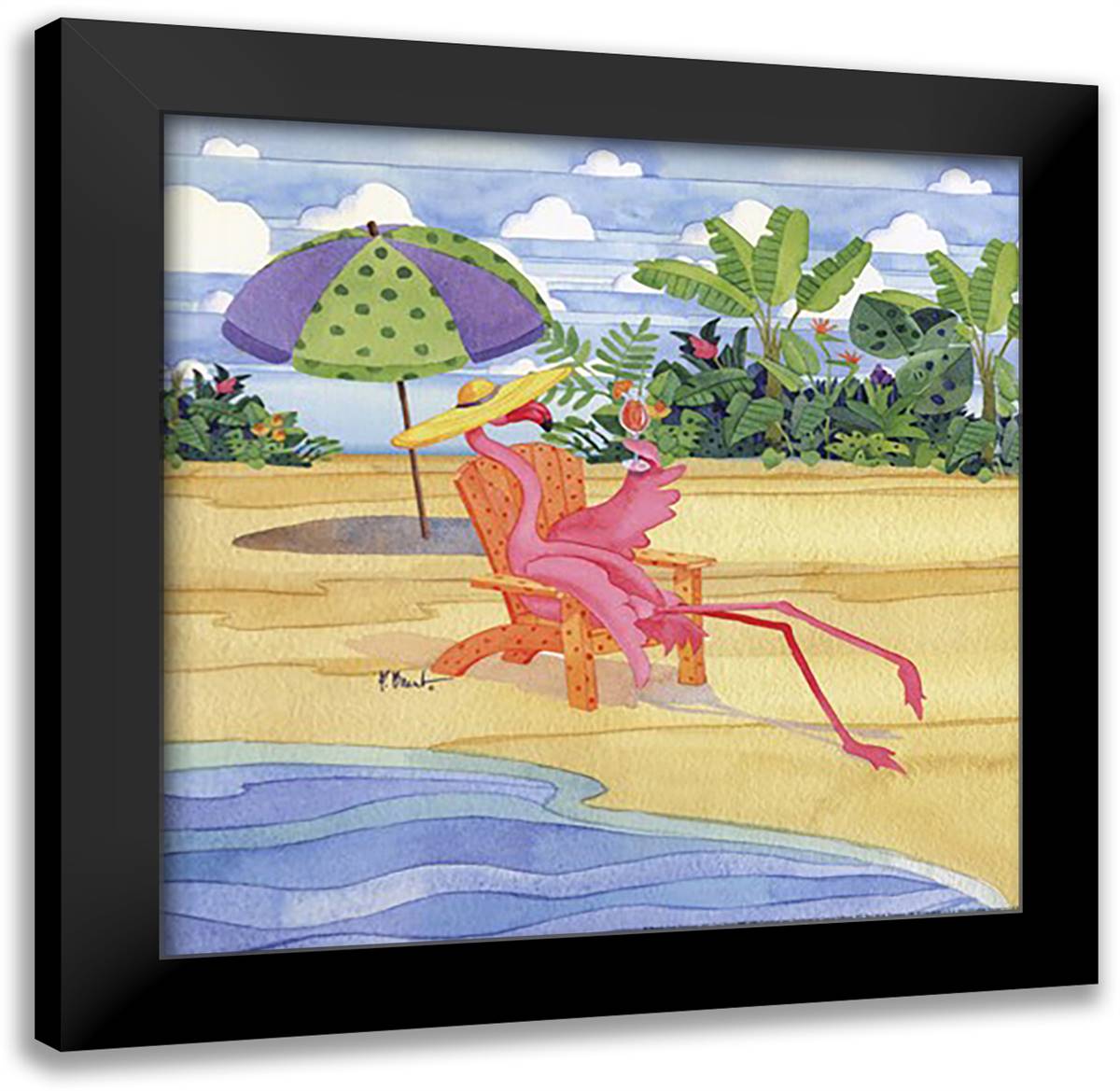 Beach Chair Flamingo 16x16 Black Modern Wood Framed Art Print Poster by Brent, Paul