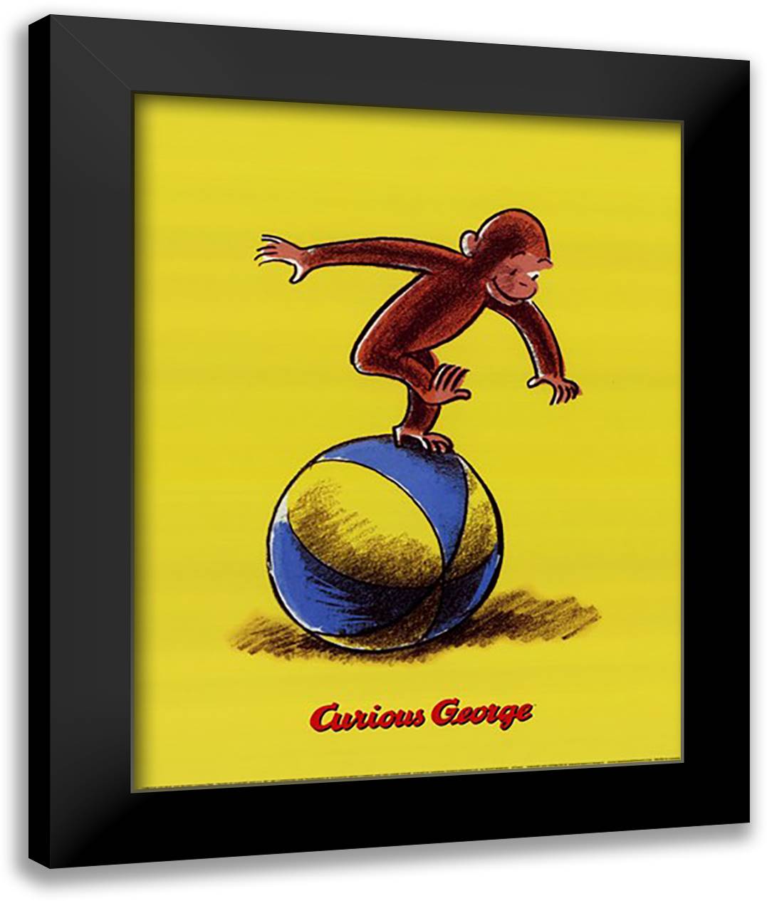 Curious George Plays on a Ball 16x20 Black Modern Wood Framed Art Print Poster by Rey, H. A.