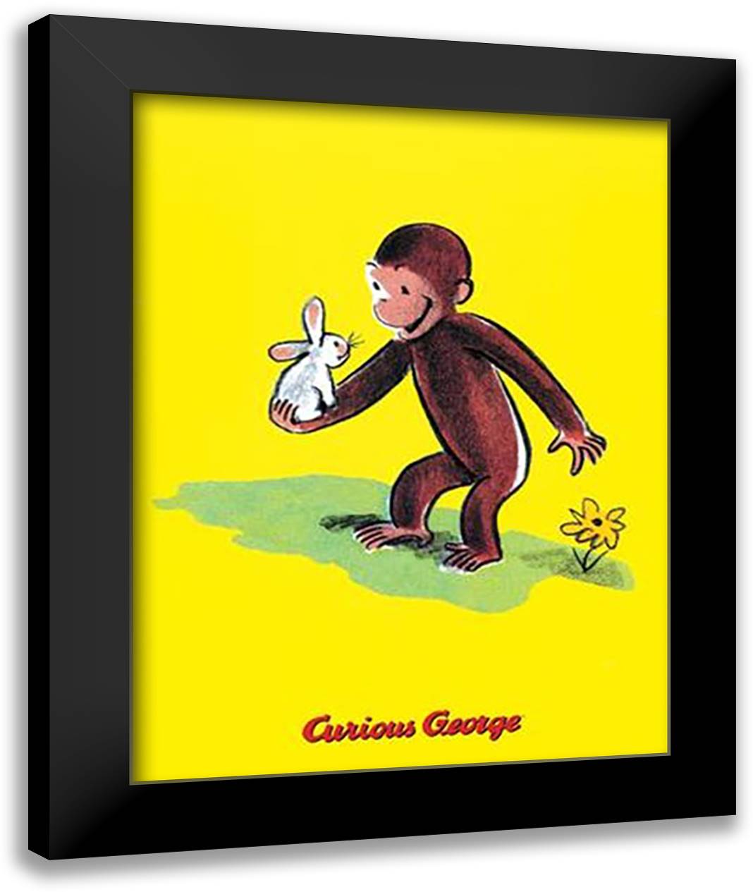 Curious George Holds a Bunny 16x20 Black Modern Wood Framed Art Print Poster by Rey, H. A.