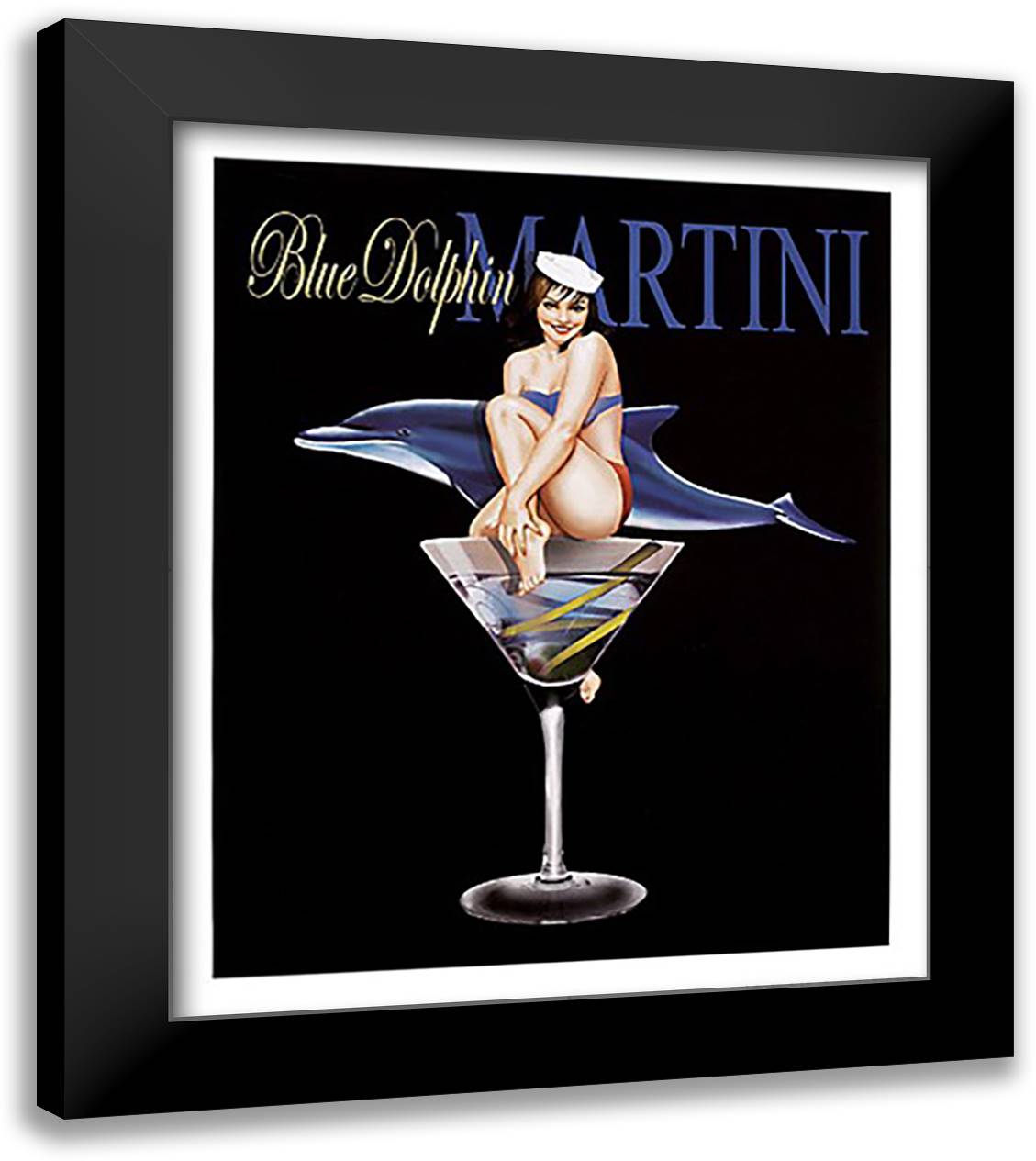 Blue Dolphin Martini 22x26 Black Modern Wood Framed Art Print Poster by Burch, Ralph