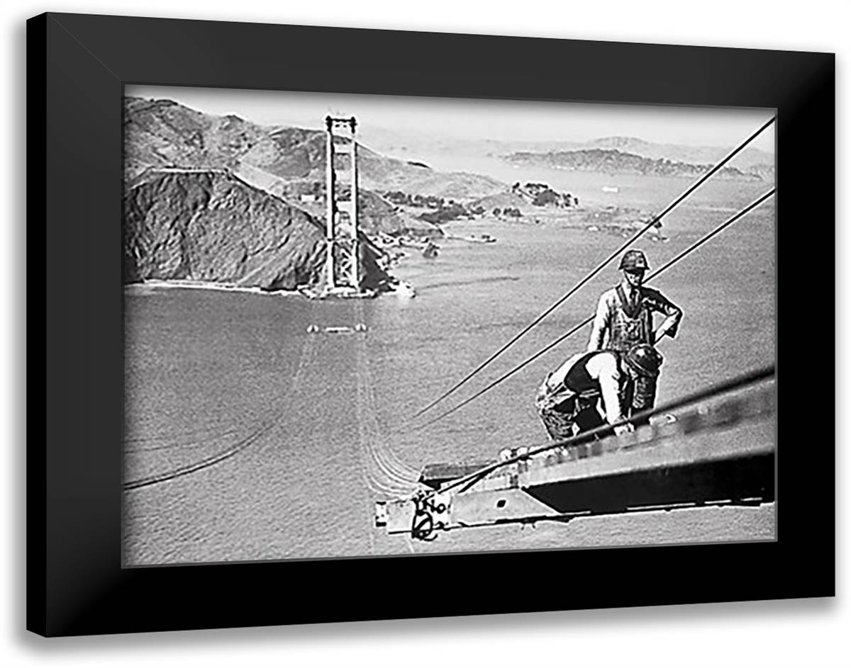 Workmen on the Catwalk of Golden Gate Bridge 36x28 Black Modern Wood Framed Art Print Poster