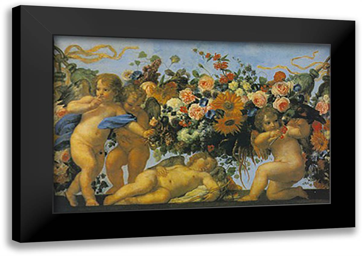 Angeli con ghirlanda di fiori 40x28 Black Modern Wood Framed Art Print Poster by Maratta, Carlo