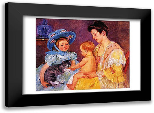 Children Playing with a Cat 23x17 Black Modern Wood Framed Art Print Poster by Cassatt, Mary