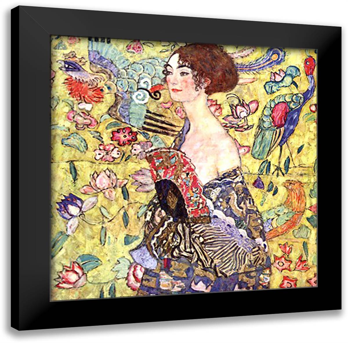 Lady with Fan 16x16 Black Modern Wood Framed Art Print Poster by Klimt, Gustav
