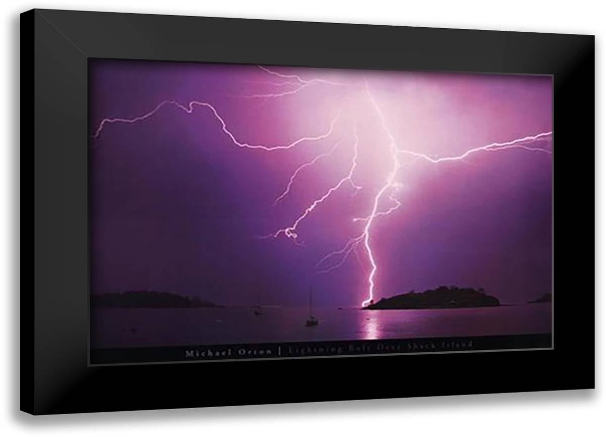 Lightning Bolt over Shack Island 40x28 Black Modern Wood Framed Art Print Poster by Orton, Michael