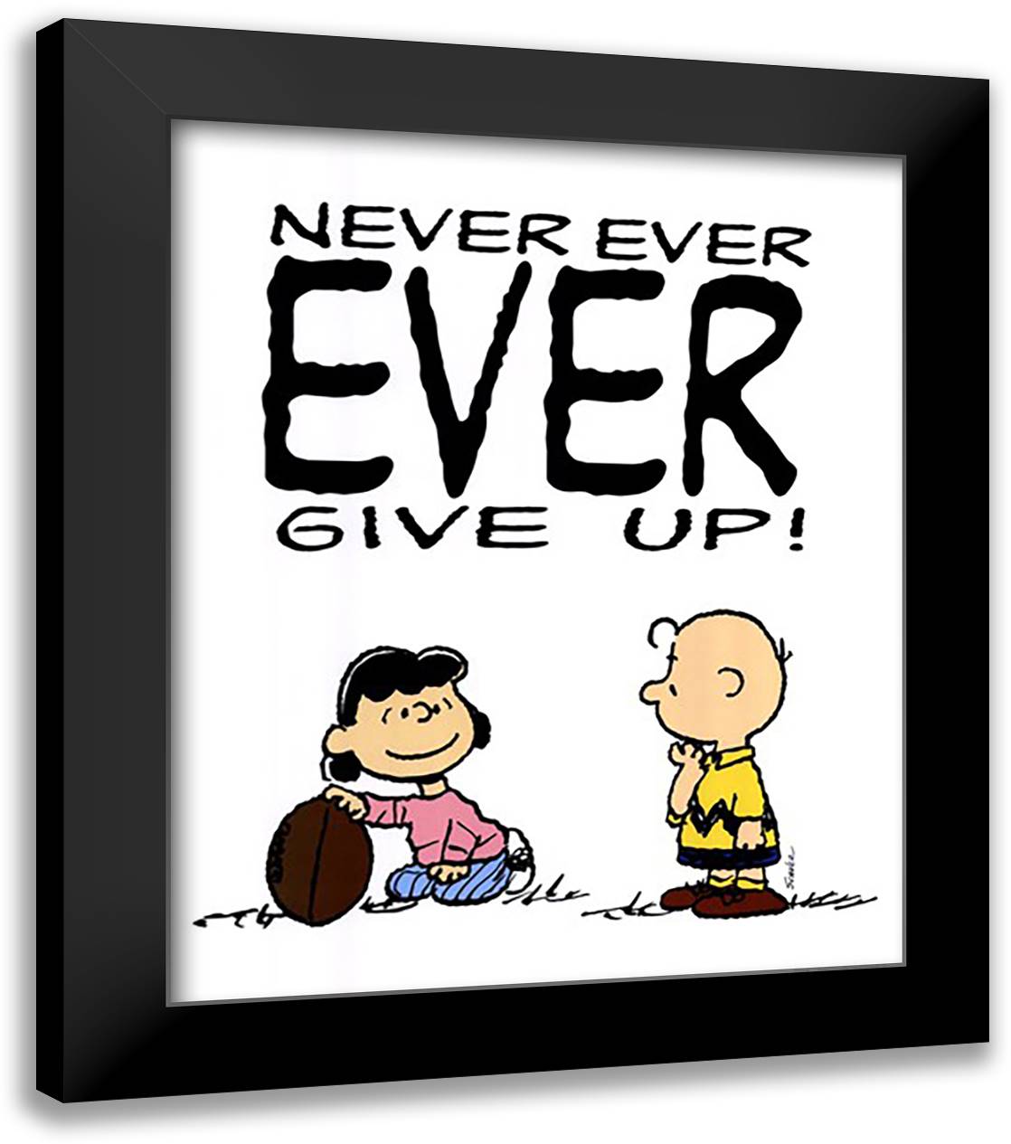 Never Give Up 20x24 Black Modern Wood Framed Art Print Poster by Peanuts