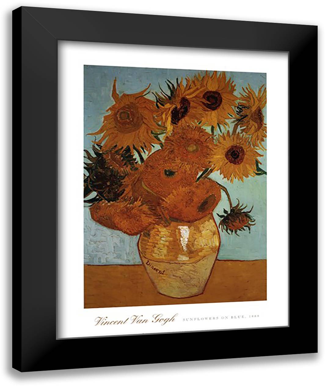 Sunflowers on Blue, c.1888 28x36 Black Modern Wood Framed Art Print Poster by Van Gogh, Vincent