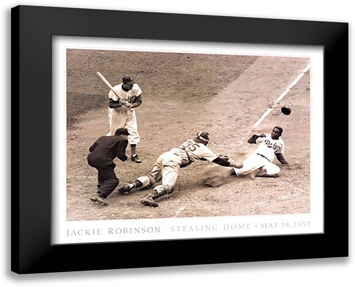 Jackie Robinson Stealing Home, May 15, 1952 32x26 Black Modern Wood Framed Art Print Poster by Fein, Nat