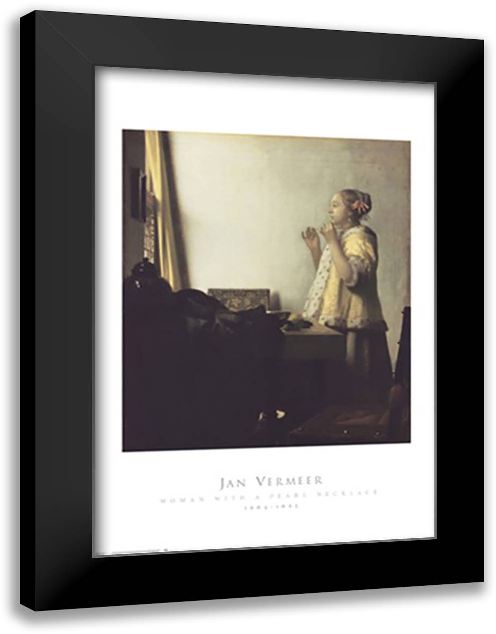 Woman with a Pearl Necklace 28x40 Black Modern Wood Framed Art Print Poster by Vermeer, Johannes