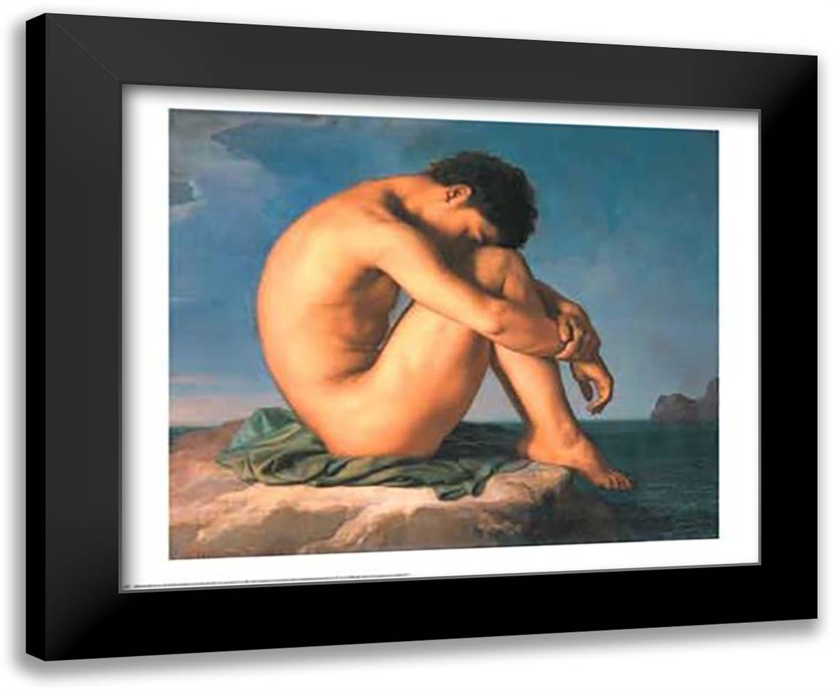 Jeune Homme nu Assis au Boro de la Mer 30x26 Black Modern Wood Framed Art Print Poster by Flandrin, Hippolyte