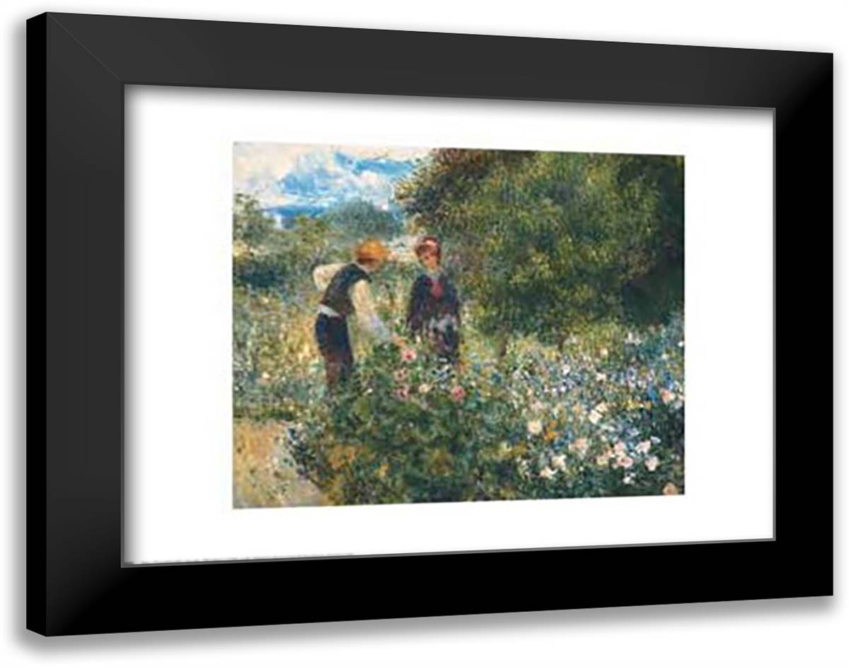 Picking Flowers 26x22 Black Modern Wood Framed Art Print Poster by Renoir, Pierre-Auguste