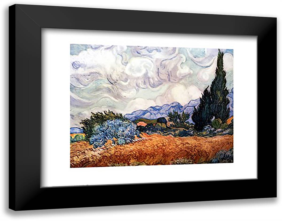 Field of Wheat with Cypresses, c.1889 36x28 Black Modern Wood Framed Art Print Poster by Van Gogh, Vincent