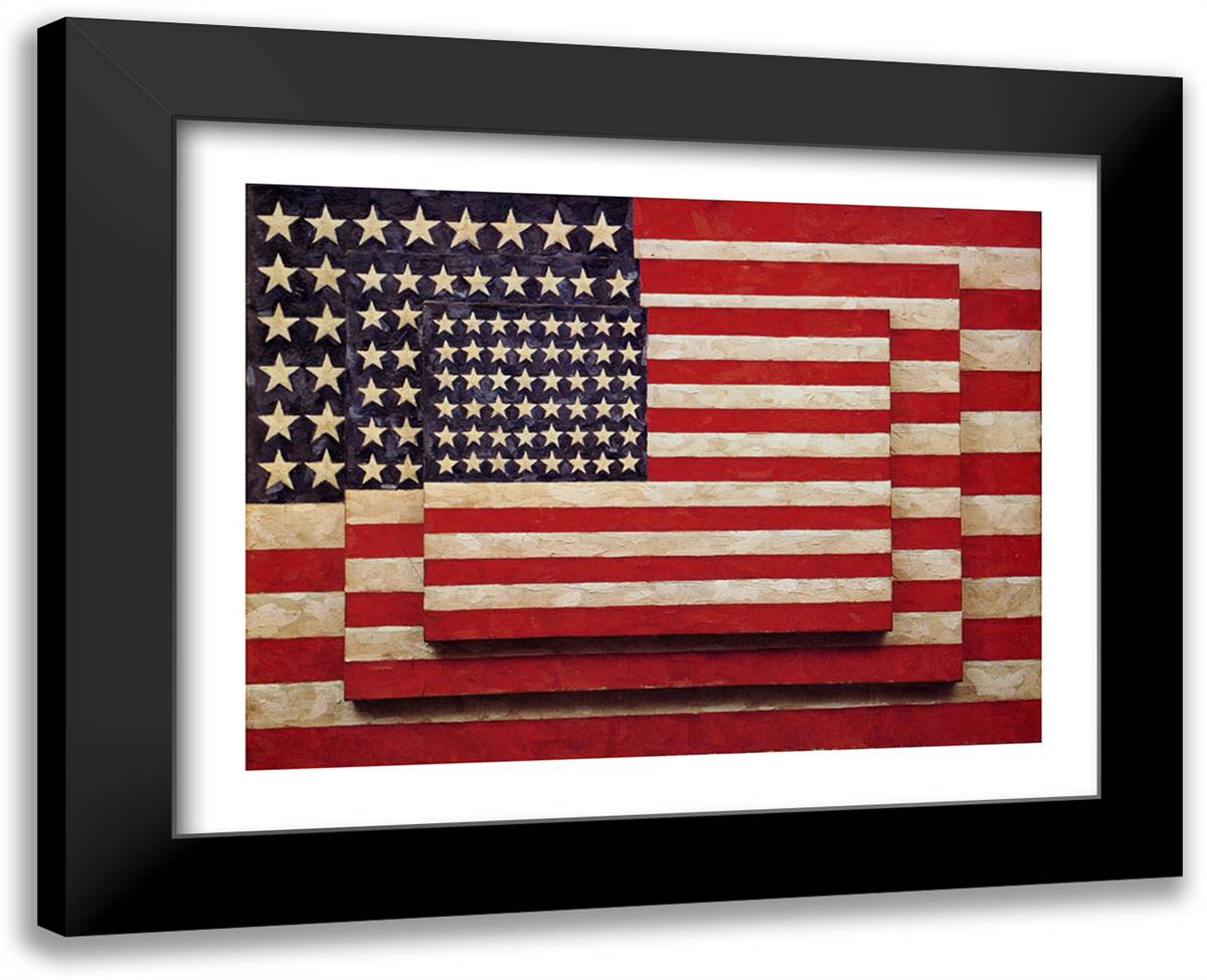 Three Flags 31x26 Black Modern Wood Framed Art Print Poster by Johns, Jasper