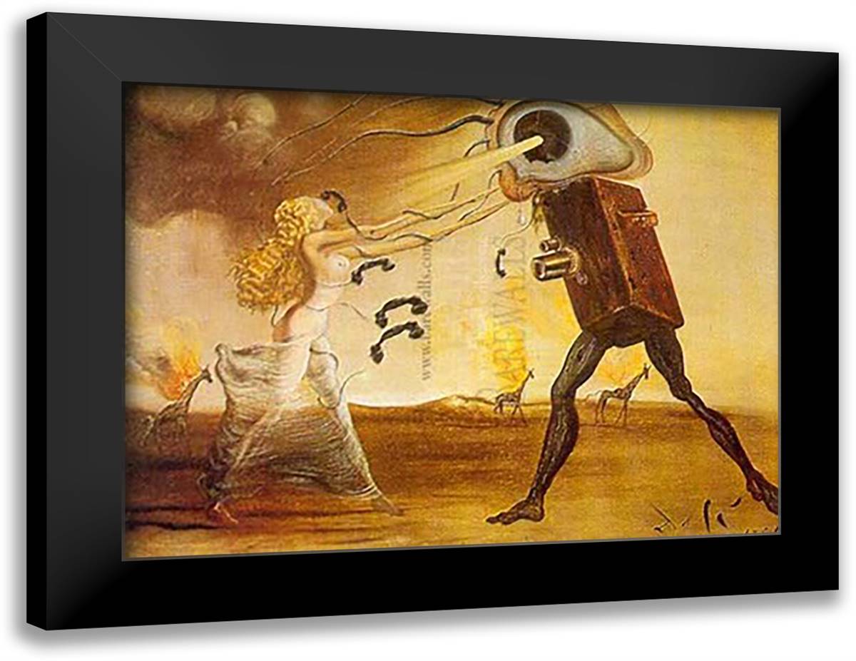 Burning Giraffes and Telephones 26x20 Black Modern Wood Framed Art Print Poster by Dali, Salvador