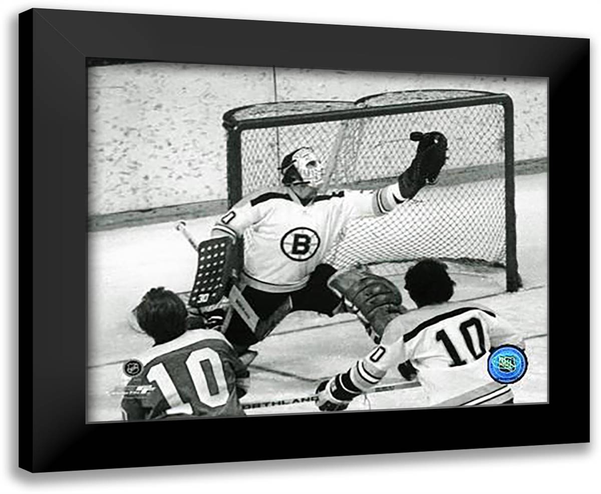 Gerry Cheevers - Black and White / Action 24x20 Black Modern Wood Framed Art Print Poster