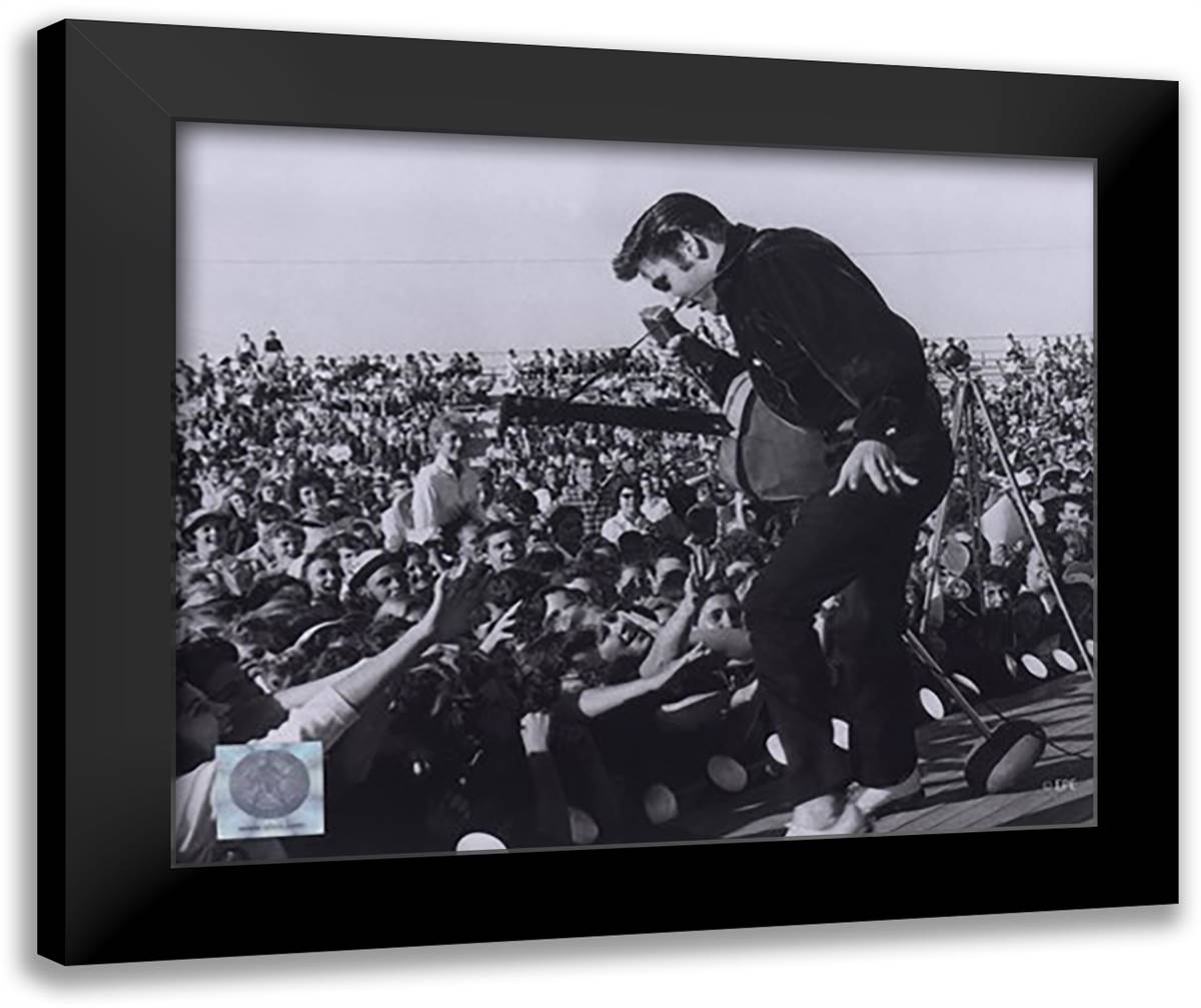 Elvis Presley on stage with fans (#1) 14x12 Black Modern Wood Framed Art Print Poster