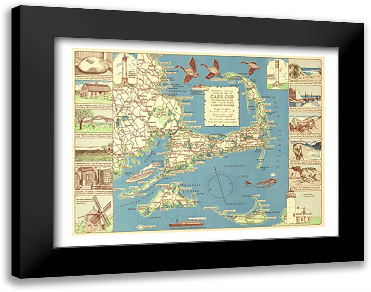 1940 Colonial Craftsman Decorative Map of Cape Cod, Massachusetts 28x22 Black Modern Wood Framed Art Print Poster