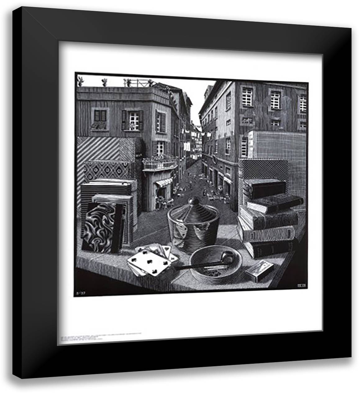 Still Life and Street 26x30 Black Modern Wood Framed Art Print Poster by Escher, M.C.