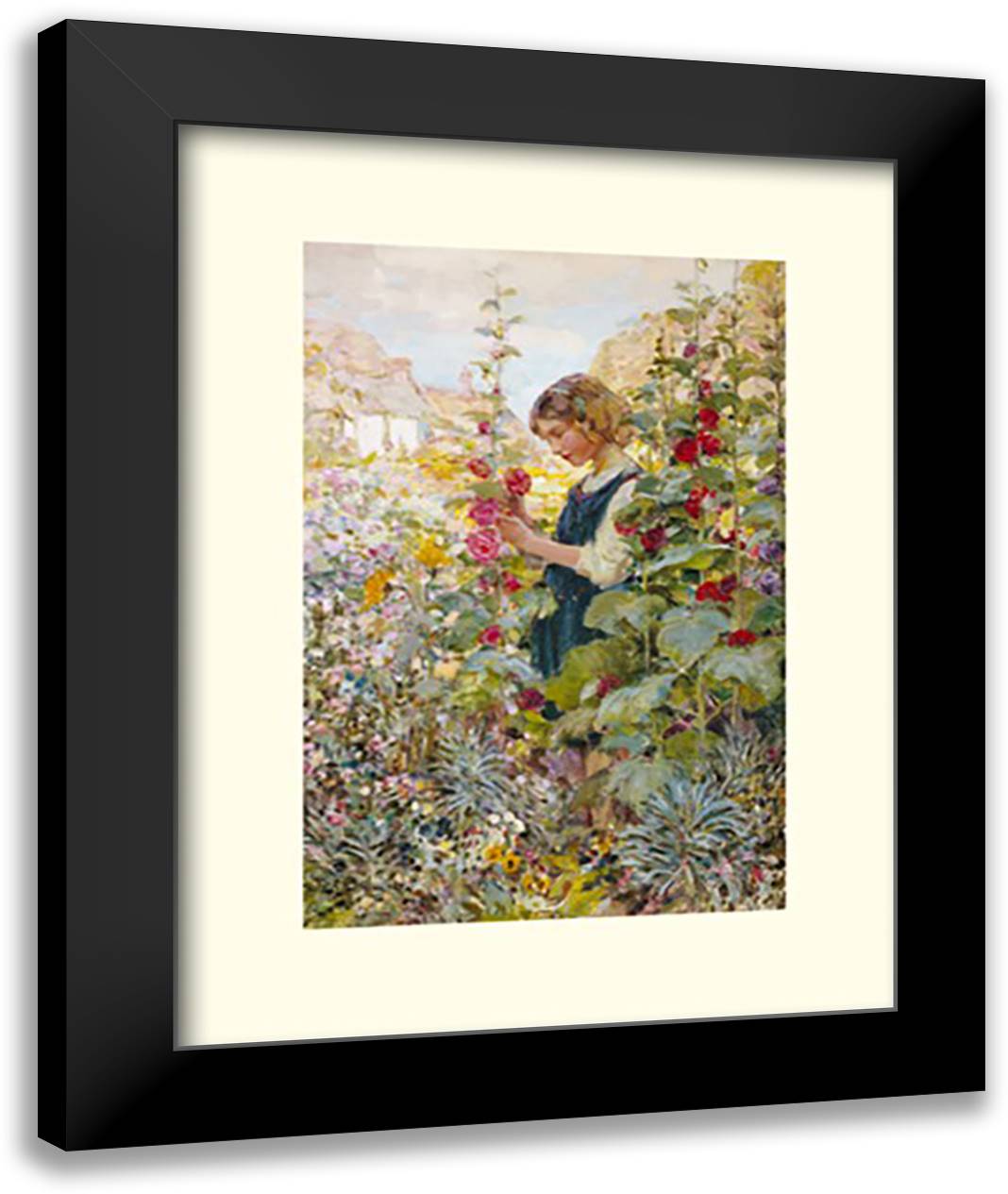 Girl Among The Hollyhocks 16x20 Black Modern Wood Framed Art Print Poster by Billinghur, Alfred Josh