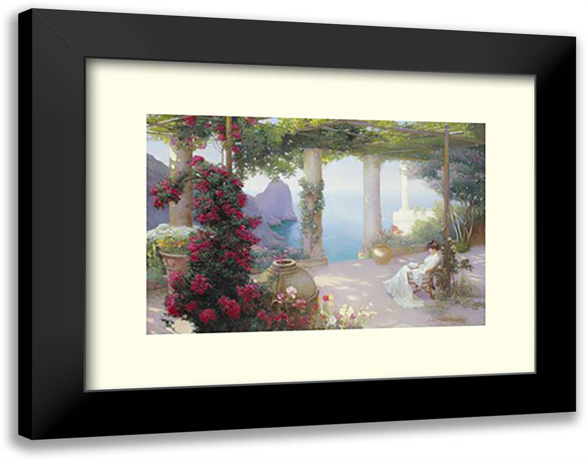 Reading On Terrace - Capri 20x16 Black Modern Wood Framed Art Print Poster by Schuster, Karl