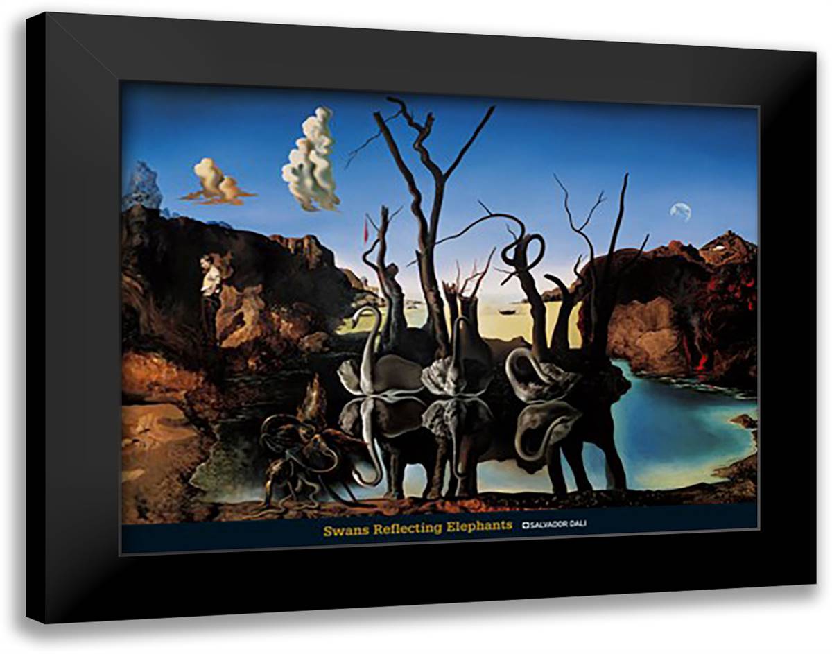 Swans Reflecting Elephant 36x28 Black Modern Wood Framed Art Print Poster by Dali, Salvador