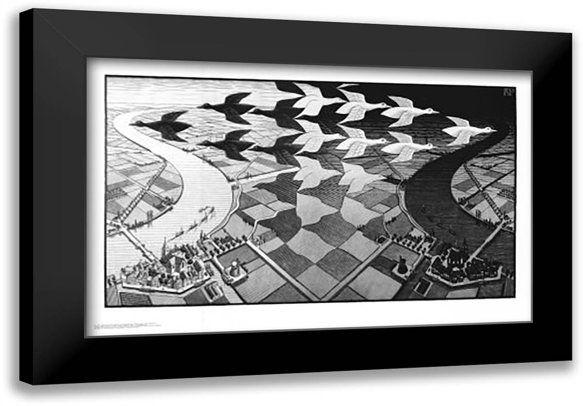 Day and Night 38x26 Black Modern Wood Framed Art Print Poster by Escher, M.C.