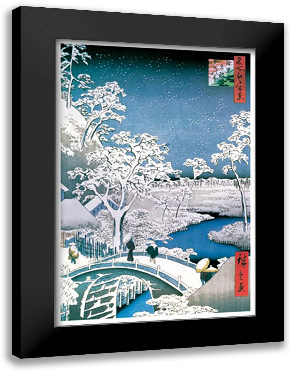 Drum Bridge at Meguro 28x40 Black Modern Wood Framed Art Print Poster by Hiroshige, Utagawa
