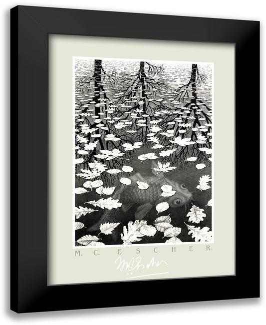 Three Worlds 24x32 Black Modern Wood Framed Art Print Poster by Escher, M.C.