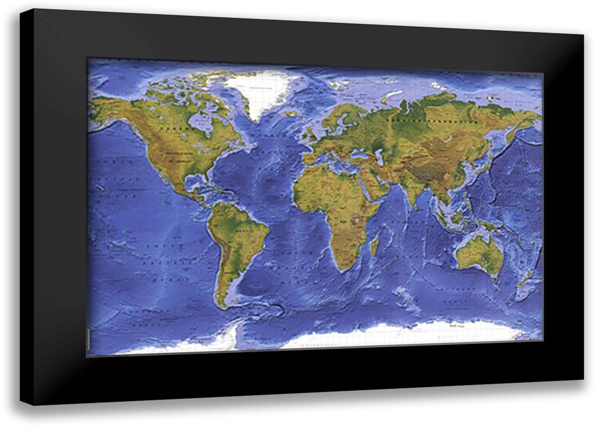 World Terrain Map 40x28 Black Modern Wood Framed Art Print Poster