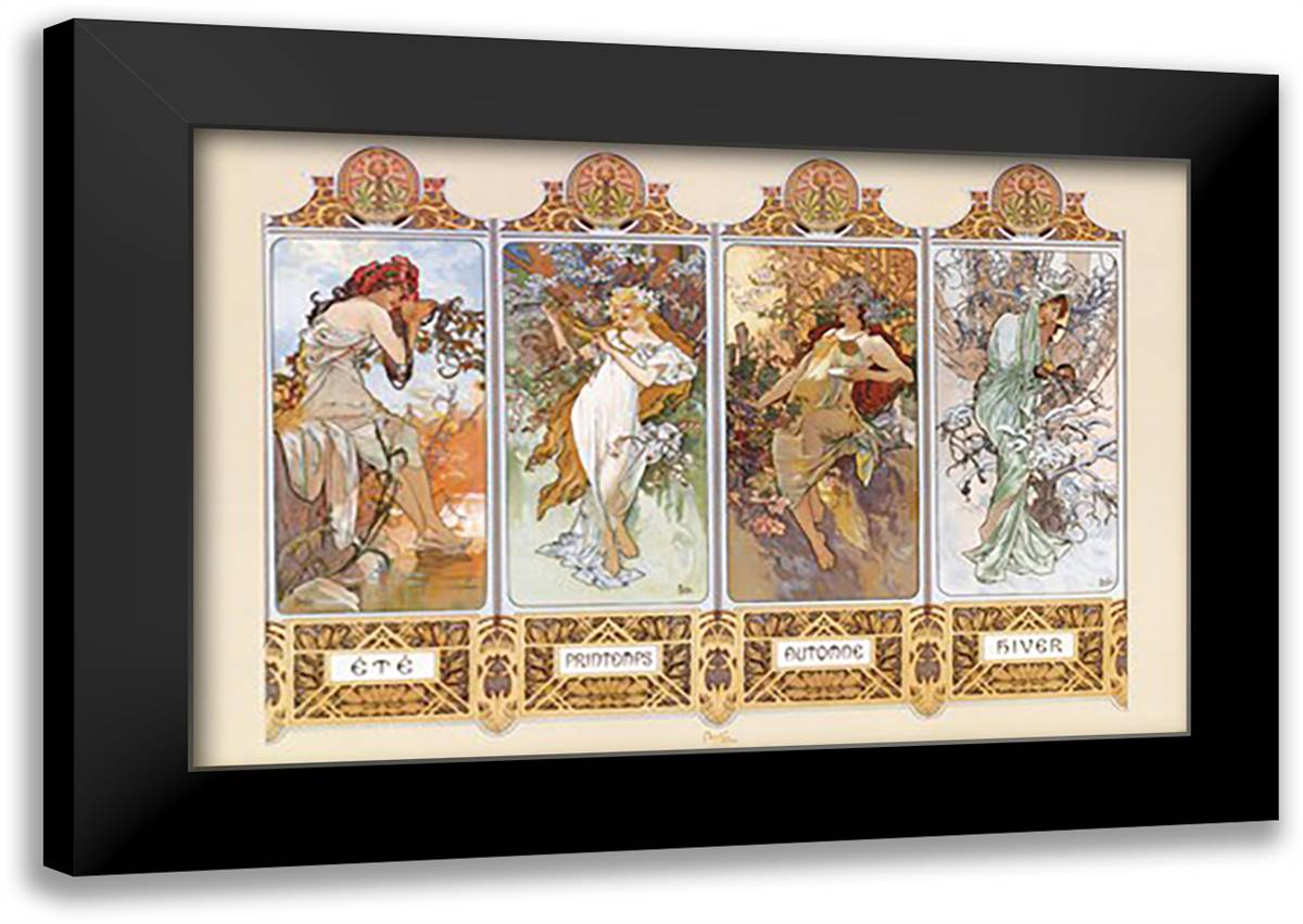 4 Seasons 40x28 Black Modern Wood Framed Art Print Poster by Mucha, Alphonse
