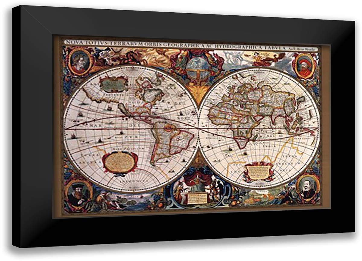 17th Century World Map 40x28 Black Modern Wood Framed Art Print Poster