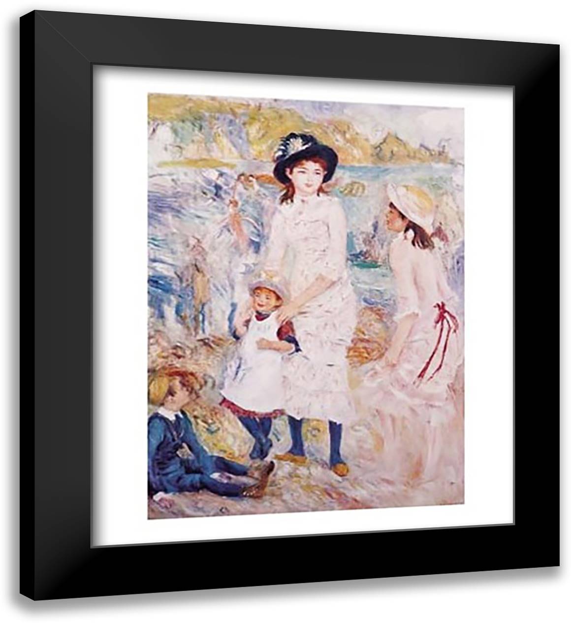 Children On The Seashore 26x32 Black Modern Wood Framed Art Print Poster by Renoir, Pierre-Auguste