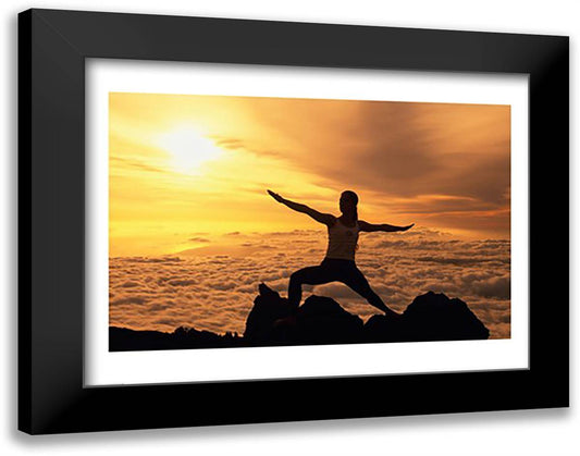 Silhouette of a young woman practicing yoga, Haleakala, Maui, Hawaii, USA 28x22 Black Modern Wood Framed Art Print Poster