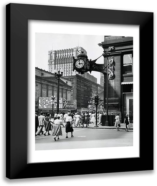 Clock mounted on the wall of a building, Marshall Field Clock, Marshall Field and Company, Chicago, Illinois, USA 22x28 Black Modern Wood Framed Art Print Poster