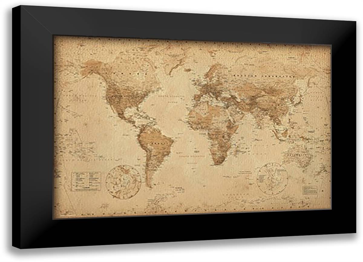 Map of the World (anitque style, miller projection) 40x28 Black Modern Wood Framed Art Print Poster