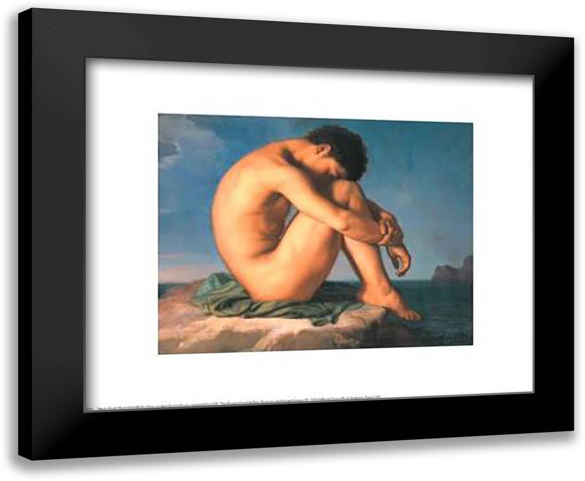 Jeune Homme Nu Assis Au Boro De La Mer 24x20 Black Modern Wood Framed Art Print Poster by Flandrin, Hippolyte